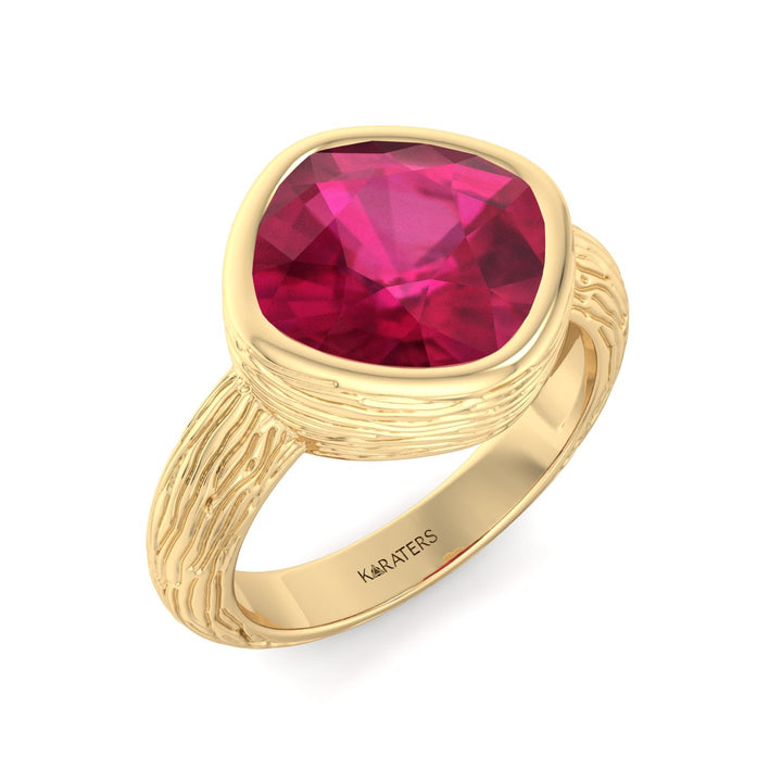 Cushion Cut Solitaire Lab Grown Ruby Ring Yellow Gold, Top Down