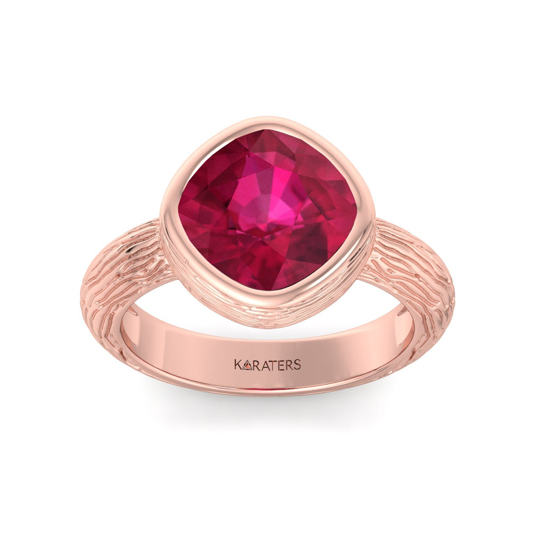 Cushion Cut Solitaire Lab Grown Ruby Rose Ring, Top Down Front