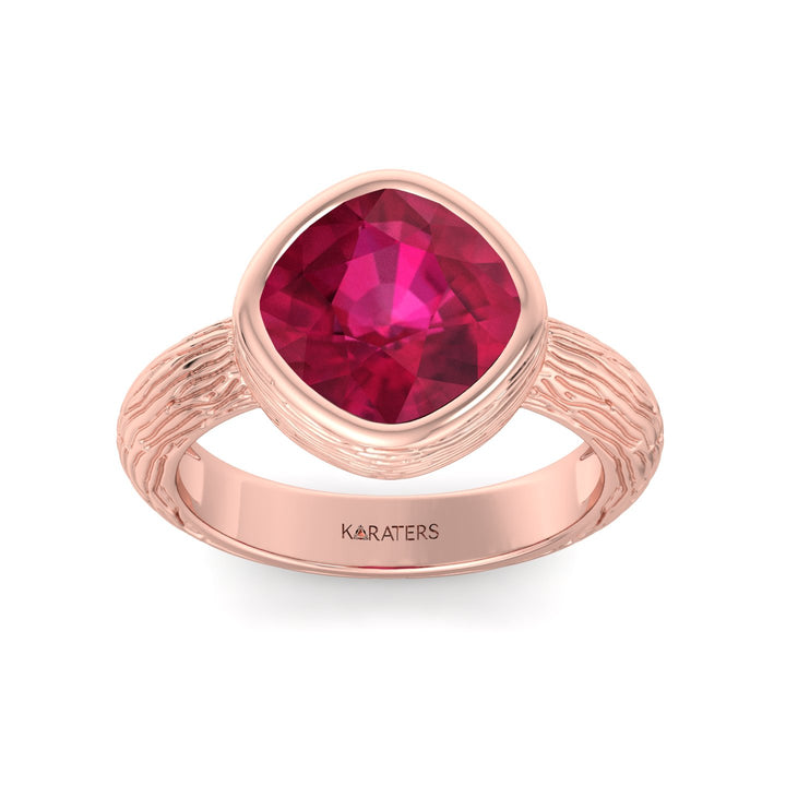 Cushion Cut Solitaire Lab Grown Ruby Rose Ring, Top Down Front