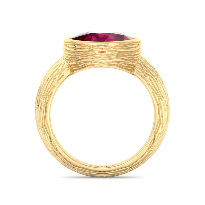 Cushion Cut Solitaire Lab Grown Ruby Yellow Gold Engagement Ring, Profile