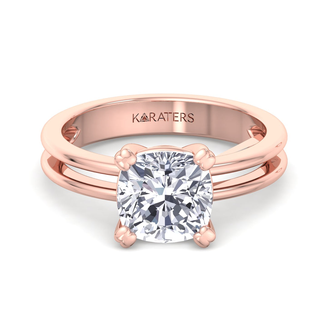 Cushion Solitaire Lab Diamond Ring Double Band Rose 