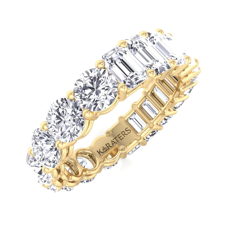 Double Shape, Emerald and Round Lab Yellow Gold Diamond Band, Tilted