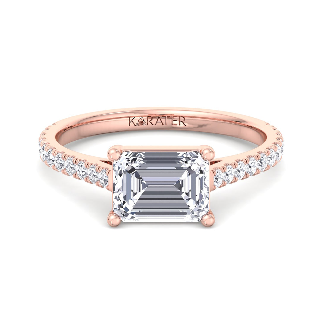 East-West Emerald cut Lab Diamond Ring Side stones Rose