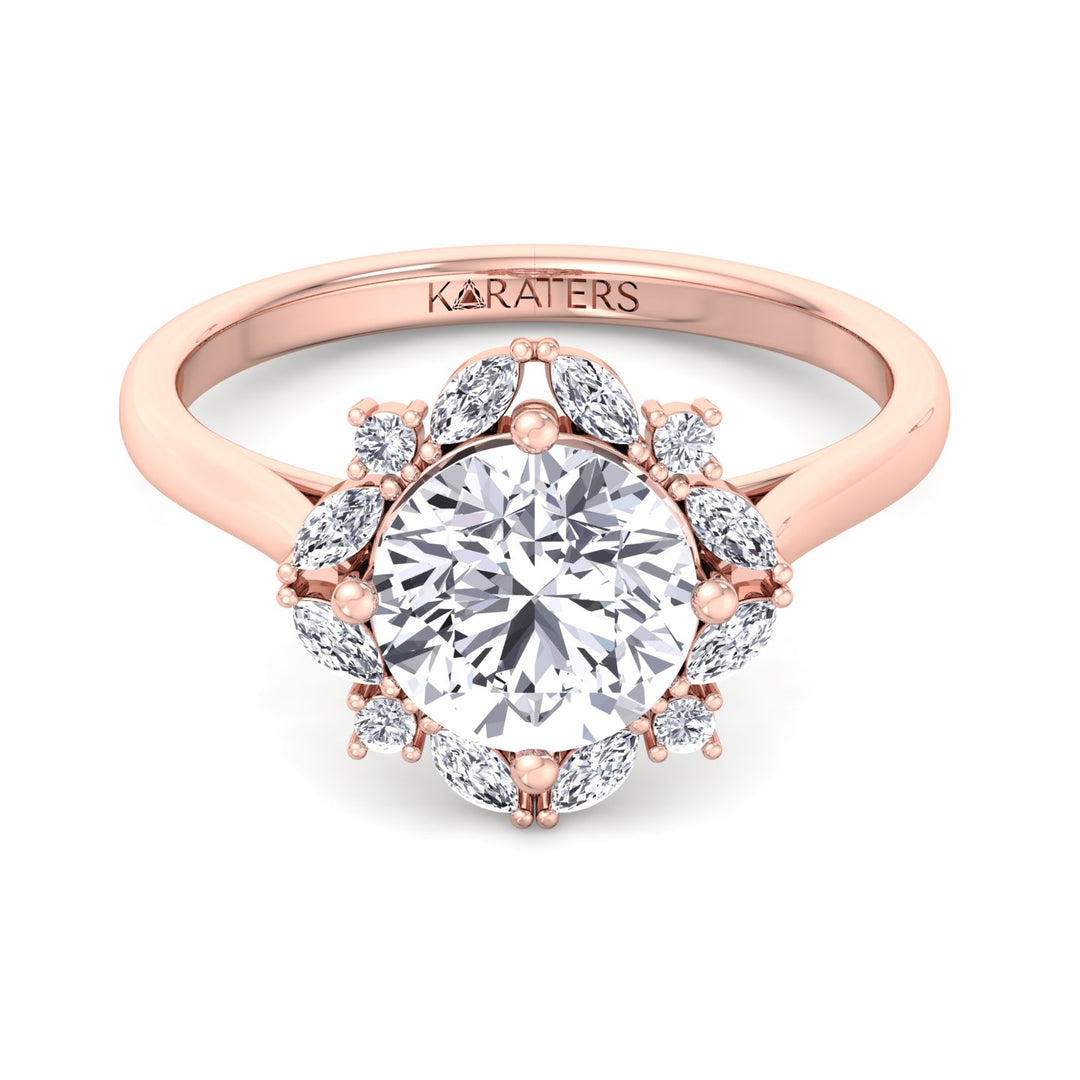 Ede - Round & Marquise Solitaire Lab Diamond Engagement Ring, Rose Gold, Front
