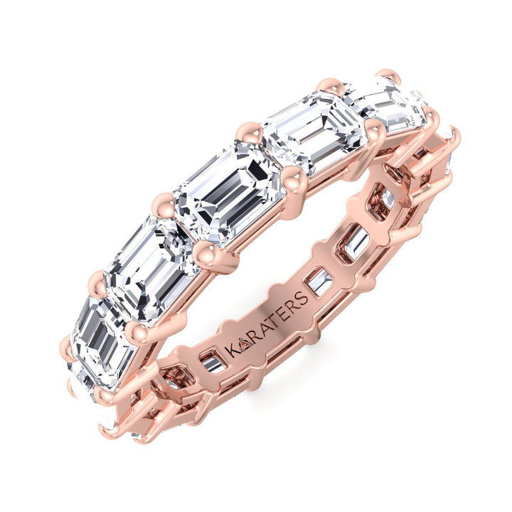 Emerald Cut Lab Rose Gold Diamond Eternity Band, Tilted