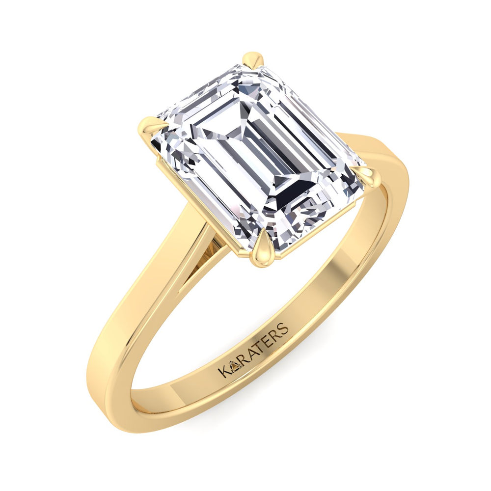 Emerald Cut Solitaire Lab Diamond Ring Cathedral Yellow Gold