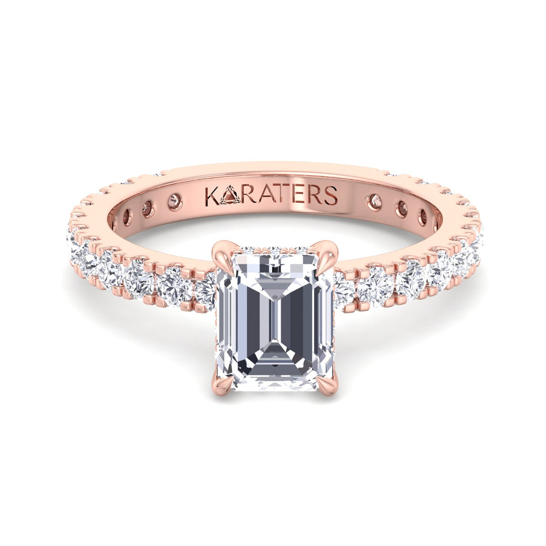 Emerald Lab Diamond Ring Hidden Halo & Sidestones Rose