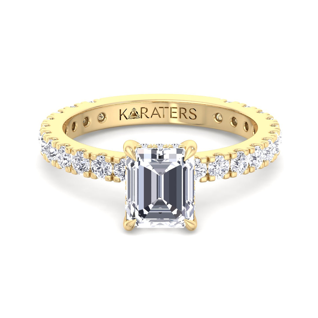 Emerald Lab Diamond Ring Hidden Halo & Sidestones Yellow