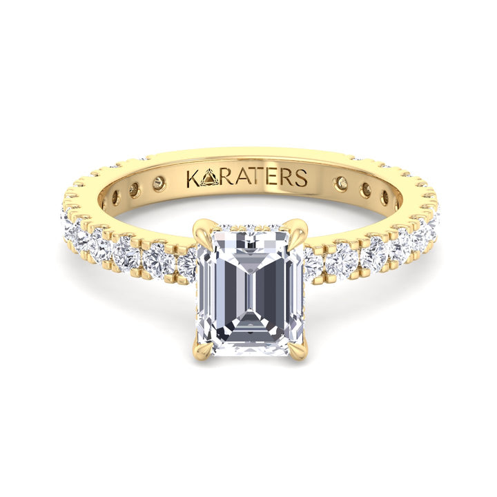 Emerald Lab Diamond Ring Hidden Halo & Sidestones Yellow