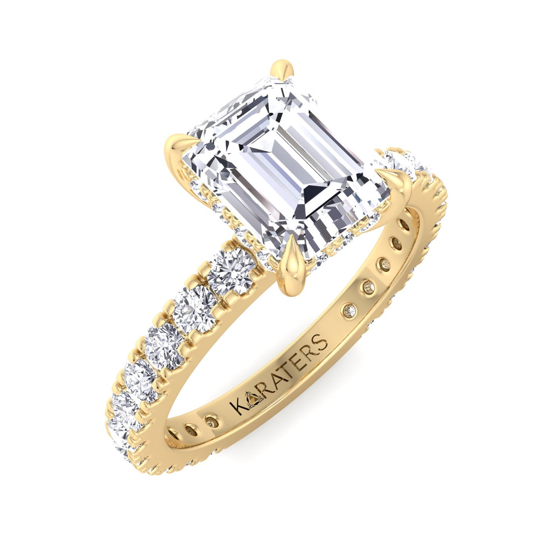 Emerald Lab Diamond Ring Side Stones & Hidden Halo Yellow