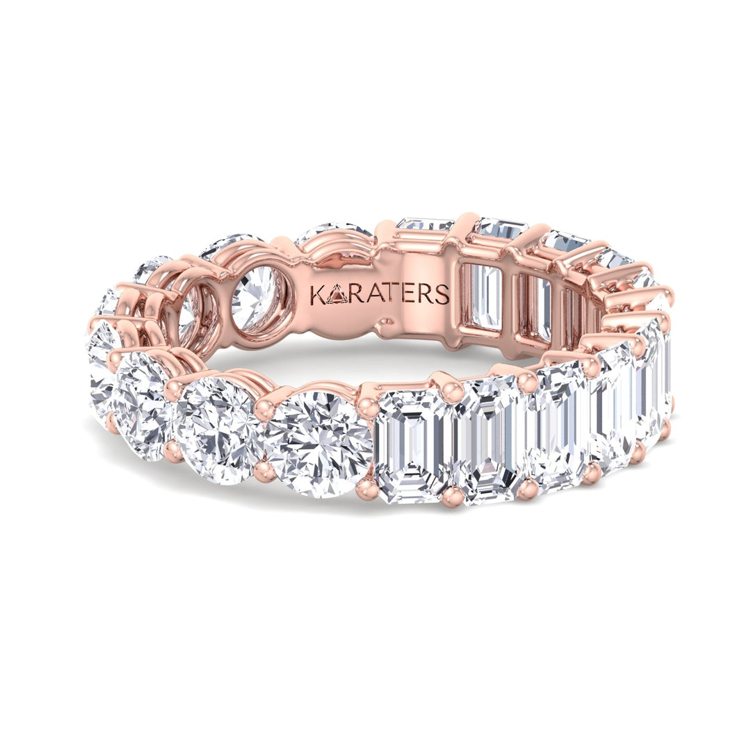 Emerald and Round Lab Rose Gold Diamond Band, Front