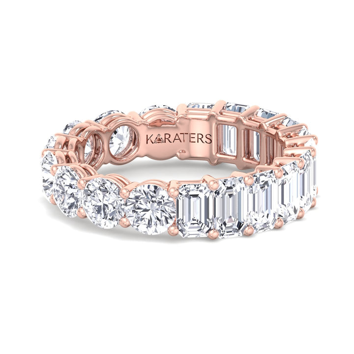 Emerald and Round Lab Rose Gold Diamond Band, Front