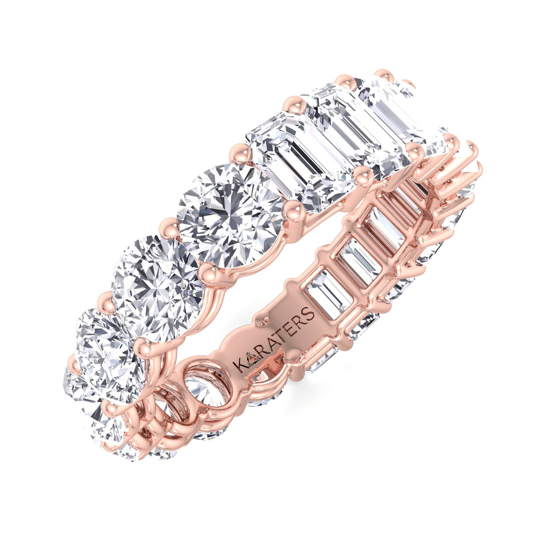 Emerald and Round Lab Rose Gold Diamond Band, Tilted