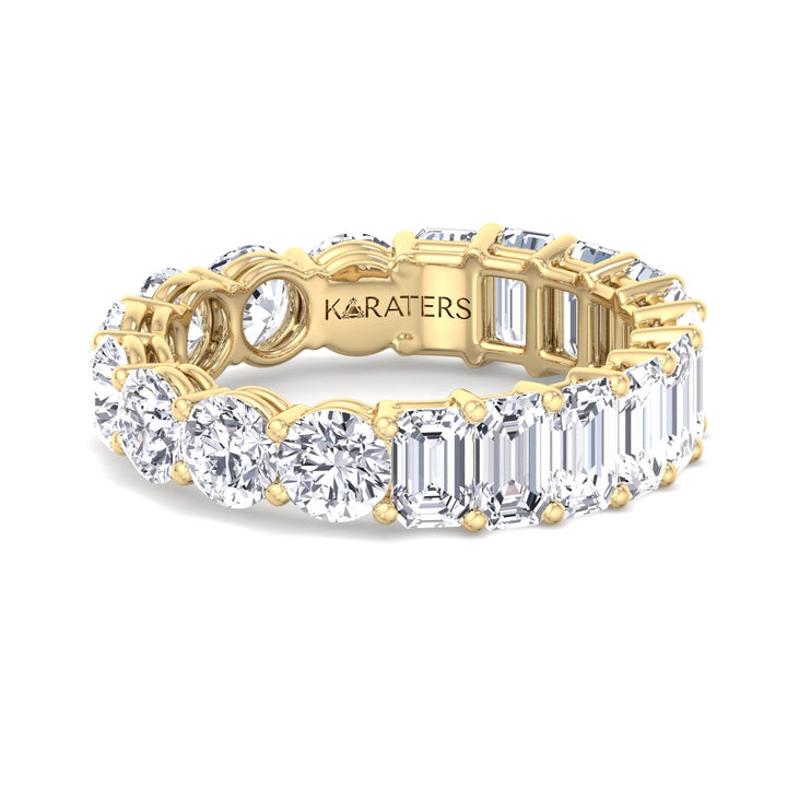Emerald and Round Lab Yellow Gold Diamond Band, Front