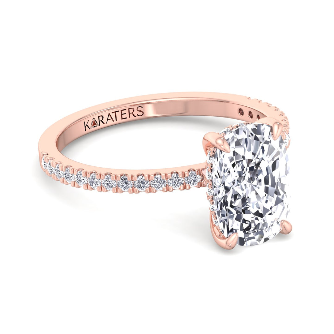 Freesia-Elongated Cushion Cut Rose Gold Diamond Engagement Ring with Sidestones, Front