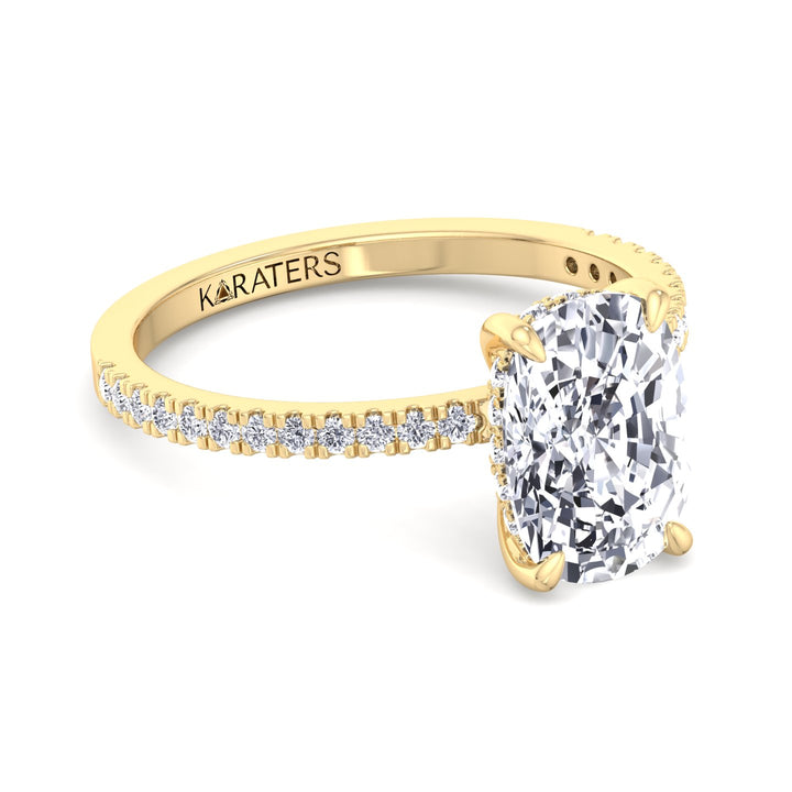 Freesia - Elongated Cushion Cut Lab Diamond Ring with Sidestones, Front