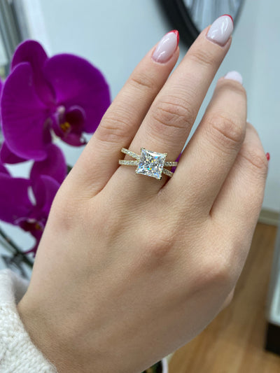 Langley -  Princess Cut Lab Grown Diamond Engagement Ring with Criss Cross Pave Band