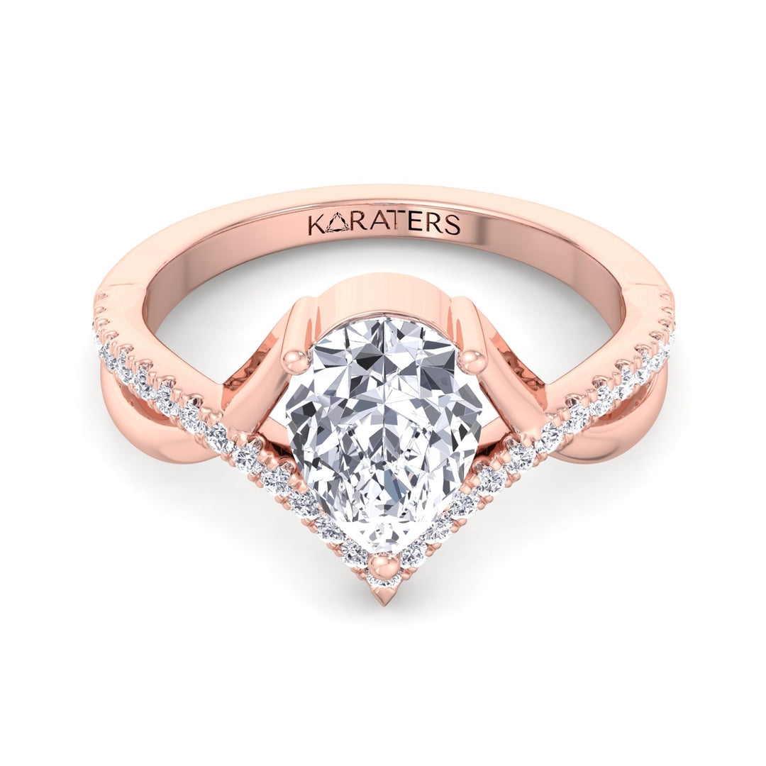 Lamina-Pear Shaped Cut Lab Rose Diamond Ring Pave Band, Front