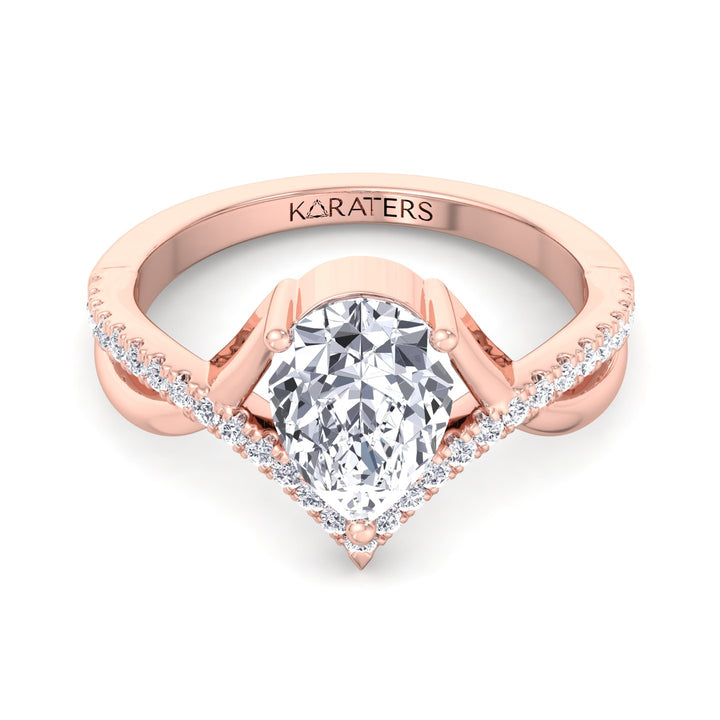 Lamina-Pear Shaped Cut Lab Rose Diamond Ring Pave Band, Front