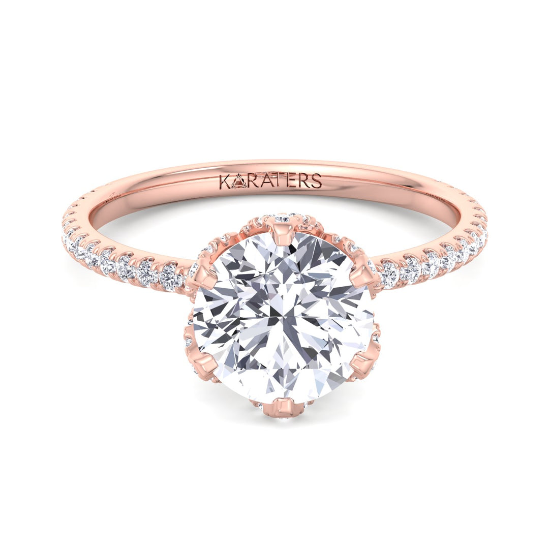 Leiden-Round Cut Halo Lab Diamond Engagement Ring, Rose Gold, Front