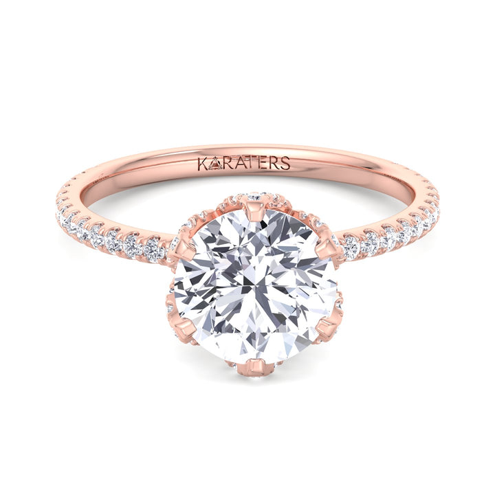 Leiden-Round Cut Halo Lab Diamond Engagement Ring, Rose Gold, Front