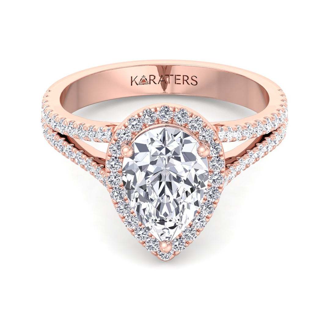 Naranja-Pear Cut Lab Rose Gold Diamond Ring, Pave Double Band, Front