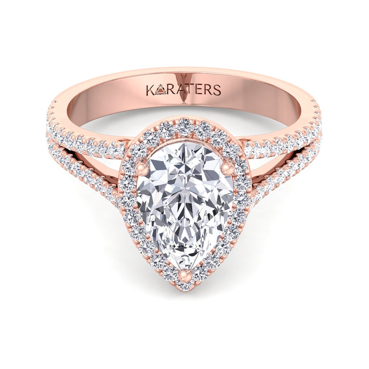 Naranja-Pear Cut Lab Rose Gold Diamond Ring, Pave Double Band, Front