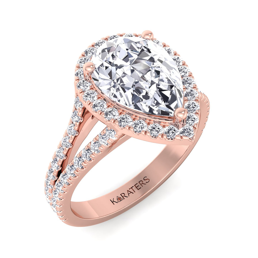 Naranja-Pear Shaped Cut Lab Rose Gold Diamond Ring, Pave Double Band, Top Down