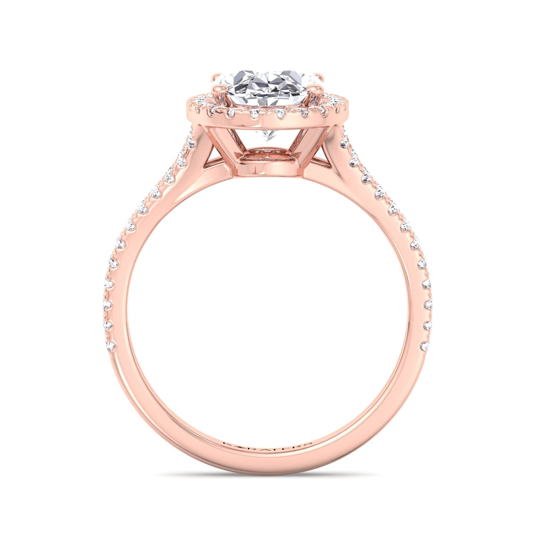 Oval Cut Halo Lab Grown Diamond Ring with Split Shank Rose Band