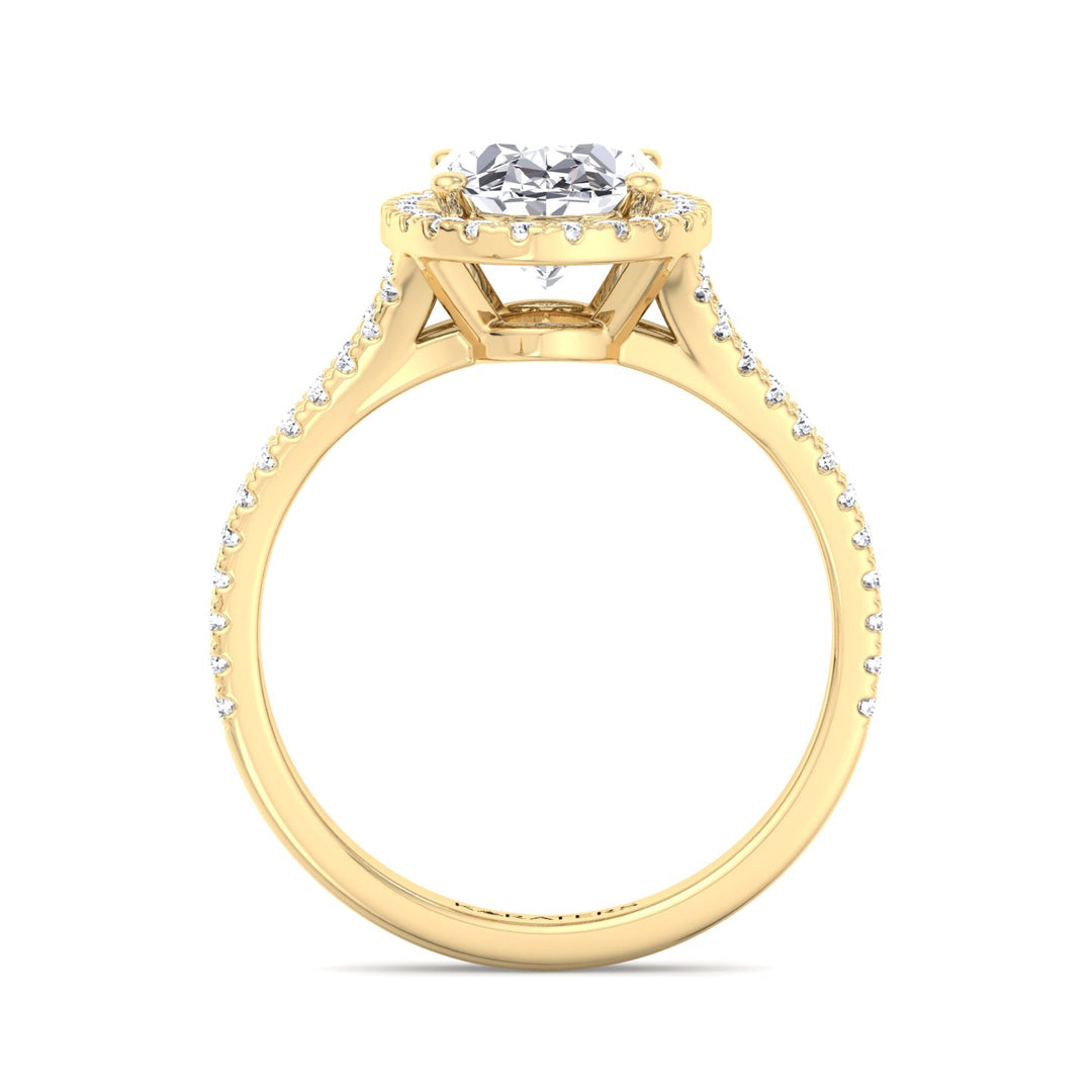 Oval Cut Halo Lab Grown Diamond Ring with Split Shank Yellow Band