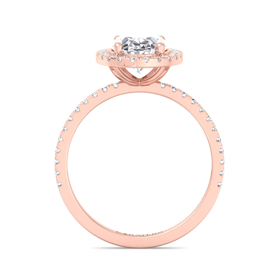 Oval Lab Diamond Halo Ring with Pave Band Rose Gold