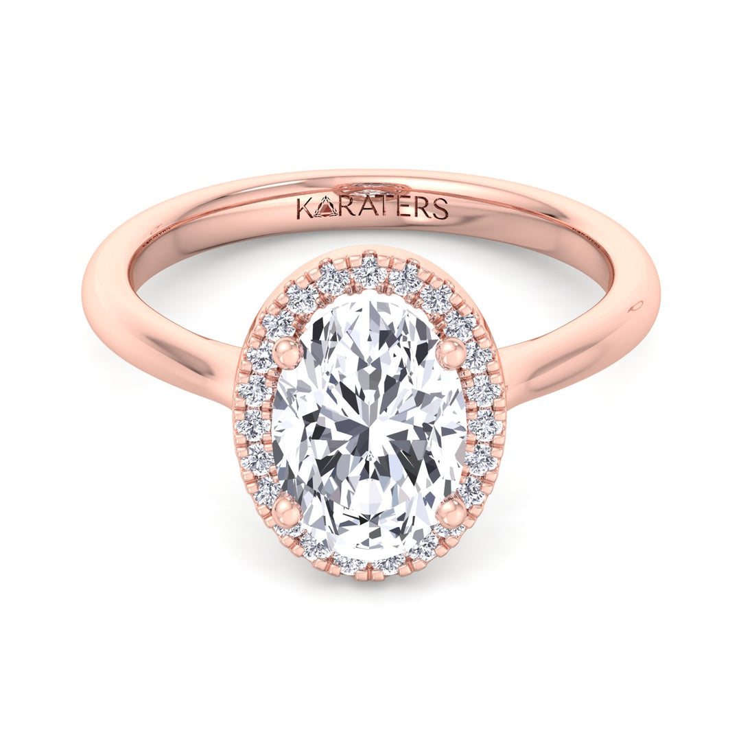 Oval Lab Diamond Halo Ring with Plain Band Rose Gold