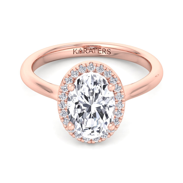 Oval Lab Diamond Halo Ring with Plain Band Rose Gold
