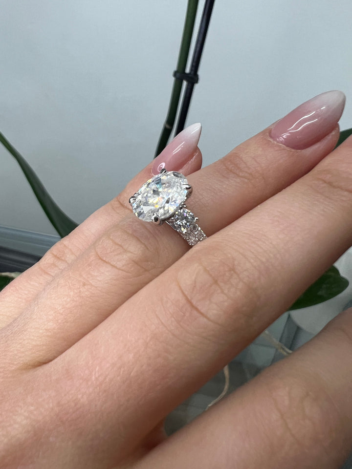 Oval & Round Lab Diamond Ring with Double Row White Gold