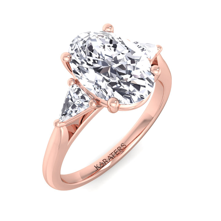 Oval Solitaire Lab Diamond ring Trillion Side Stones Rose Gold