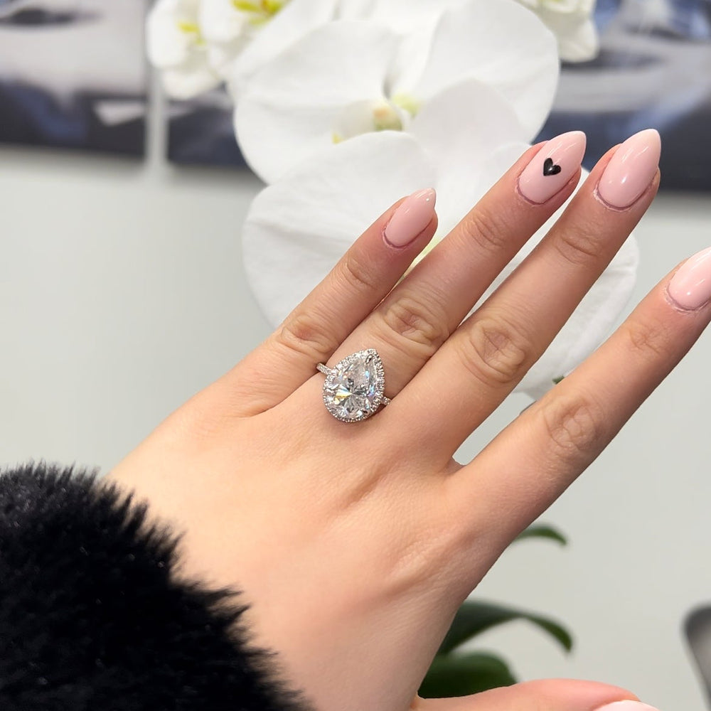 Pear Shaped Cut Lab Grown Diamond Solitaire Engagement Ring with Halo & SideStones, Female