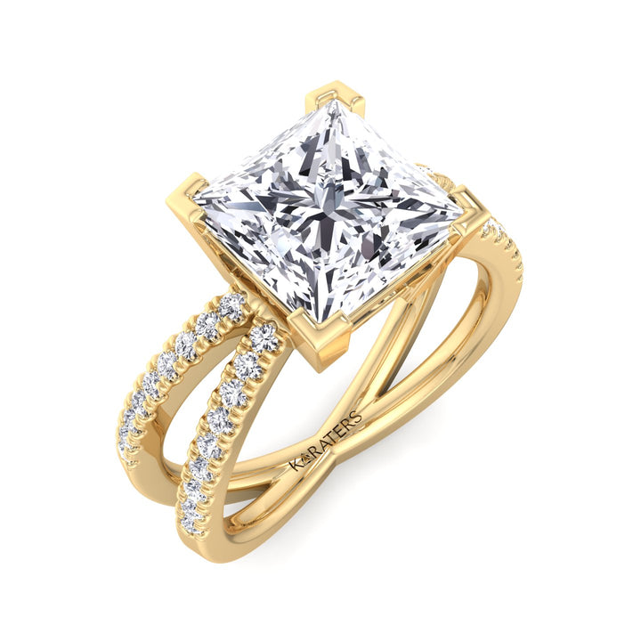 Princess Lab Diamond Ring CrissCross Pave Band Yellow