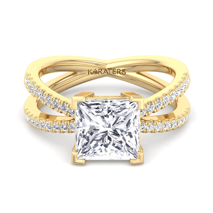 Princess Lab Diamond Ring CrissCross Pave Yellow Band 