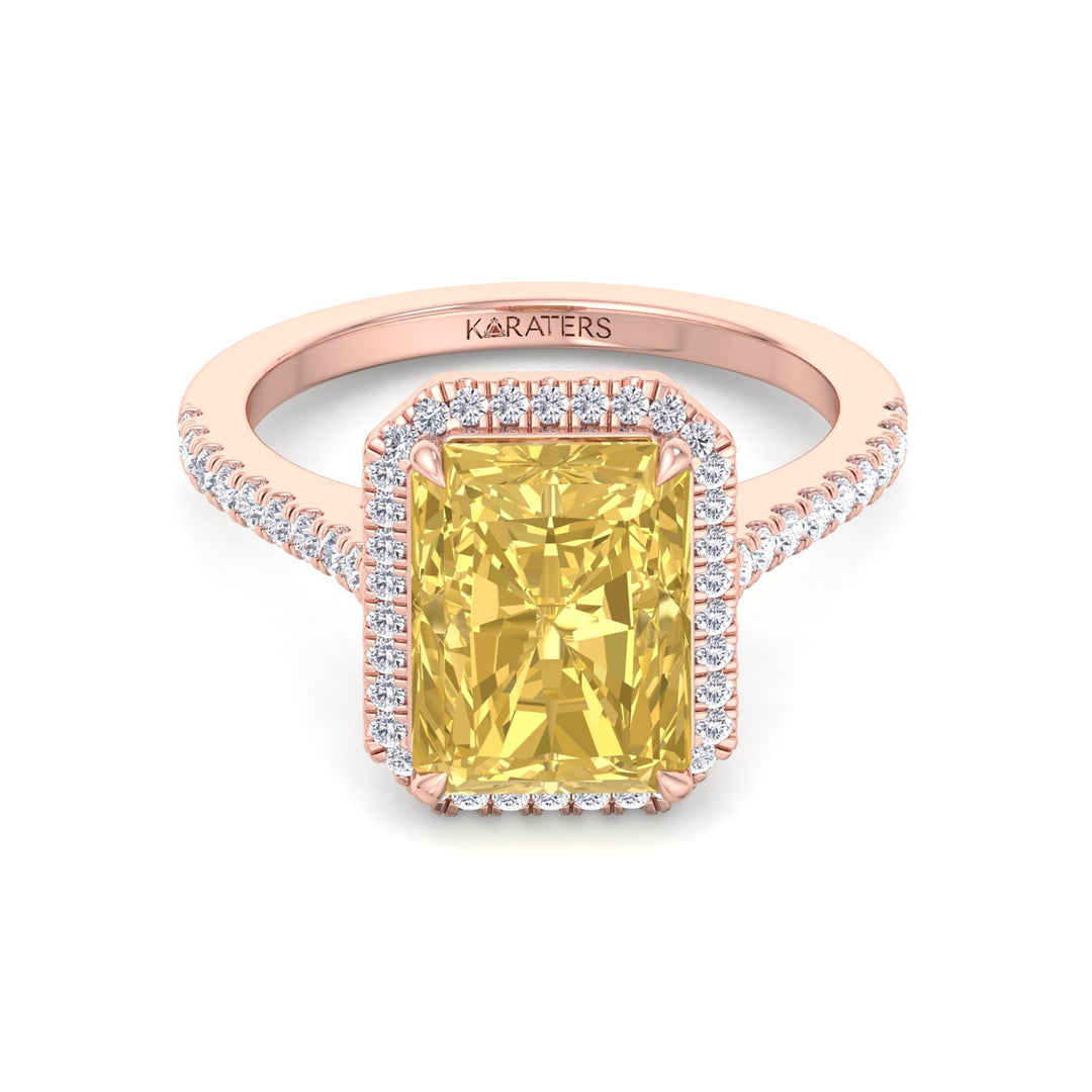 Radiant Canary Yellow Diamond Rose Ring Pave Halo, Front