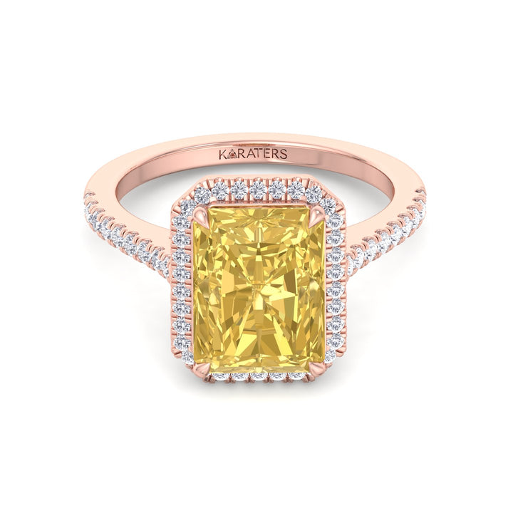 Radiant Canary Yellow Diamond Rose Ring Pave Halo, Front