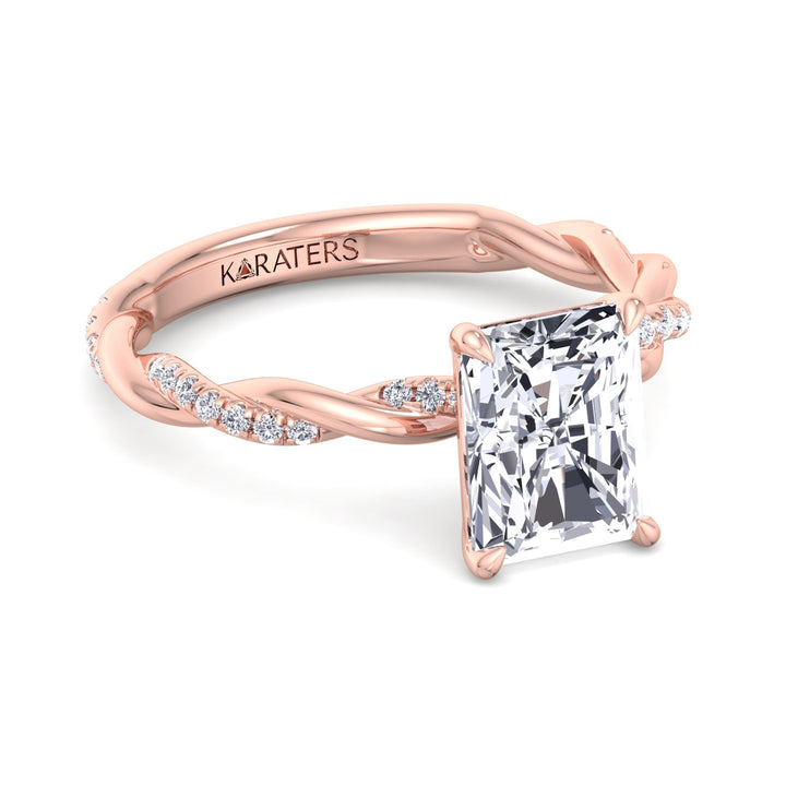 Radiant Cut Lab Diamond Rose Gold Ring Twist Band 