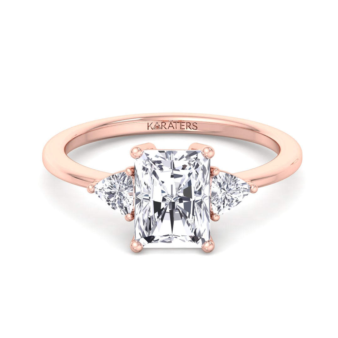 Radiant Lab Diamond Rose Gold Ring Trillion Sidestones 