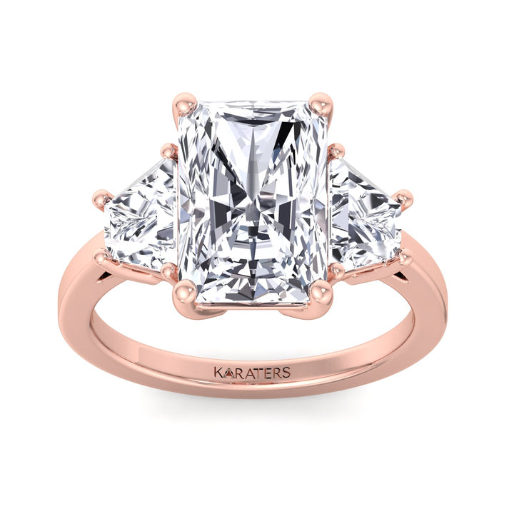 Radiant & Trapezoid Three Stone Lab-Diamond Ring Rose, Top-Down