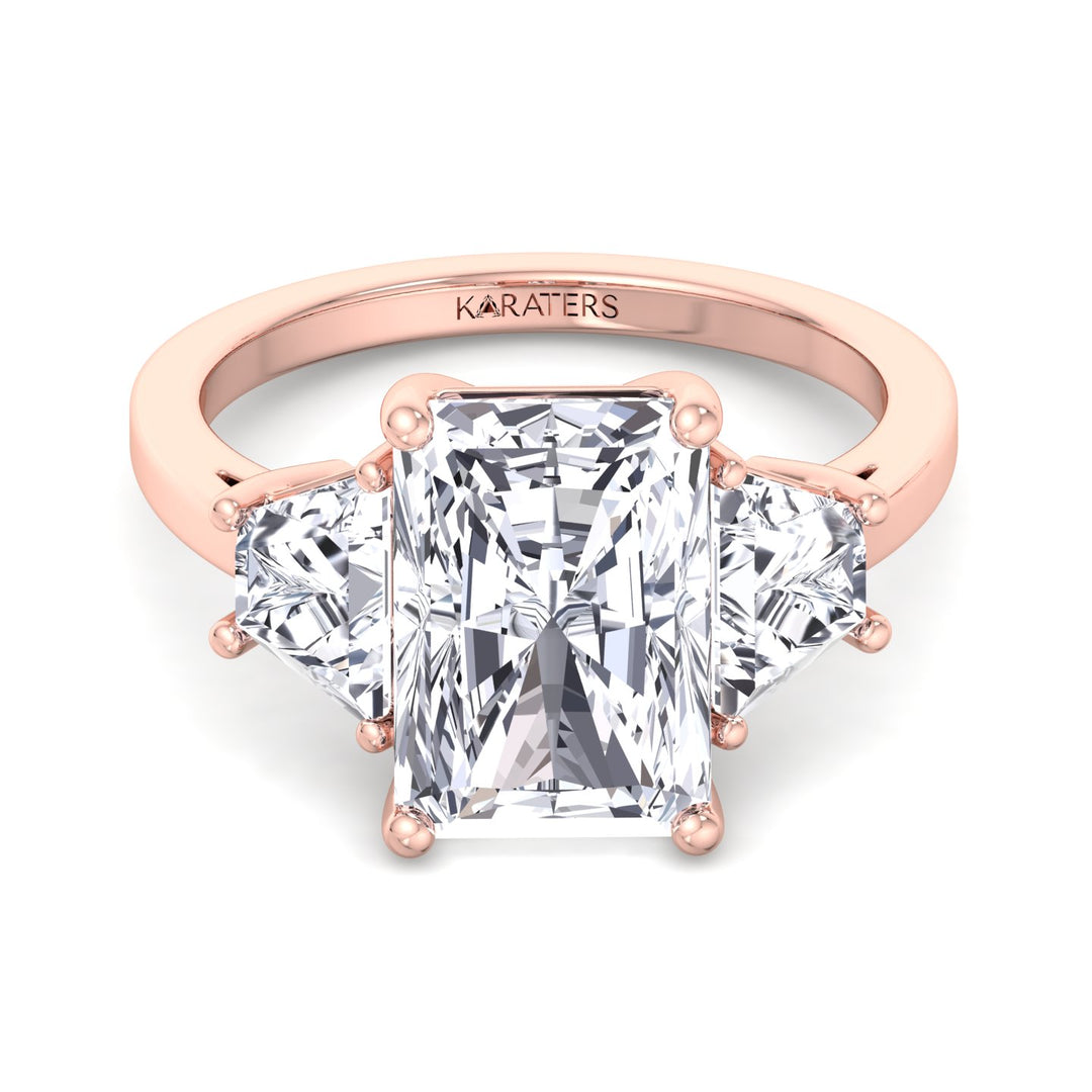 Radiant & Trapezoid Three Stone Lab-Diamond Rose Ring 