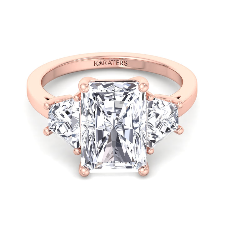 Radiant & Trapezoid Three Stone Lab-Diamond Rose Ring, Front 