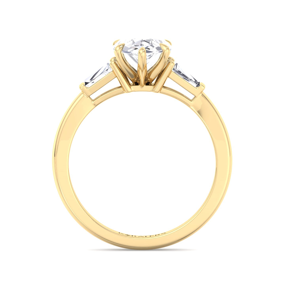Roja-Pear Shaped Cut Lab Yellow Gold Diamond Ring, Tapered Baguette SideStones, Profile