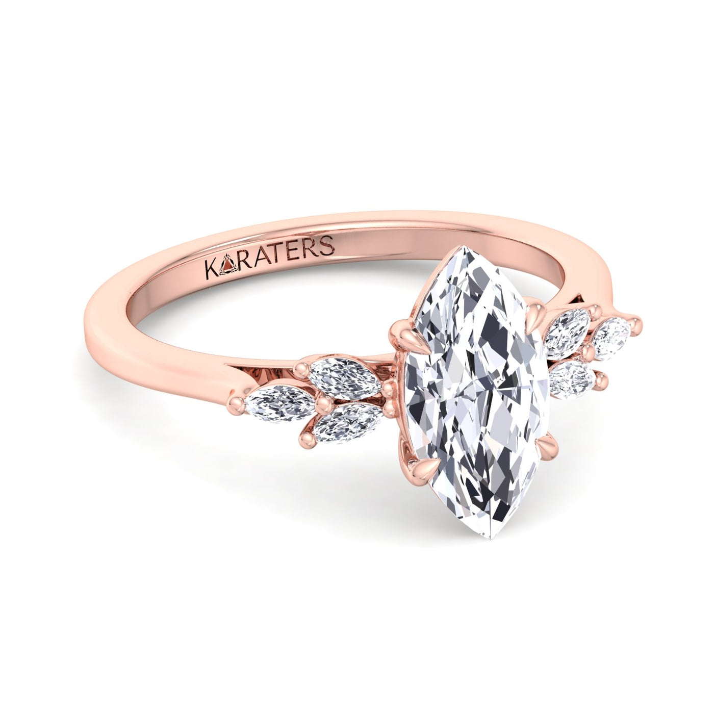 marquise-cut-solitaire-lab-grown-diamond-engagement-ring-marquise-triple-sidestones-in-rose-gold