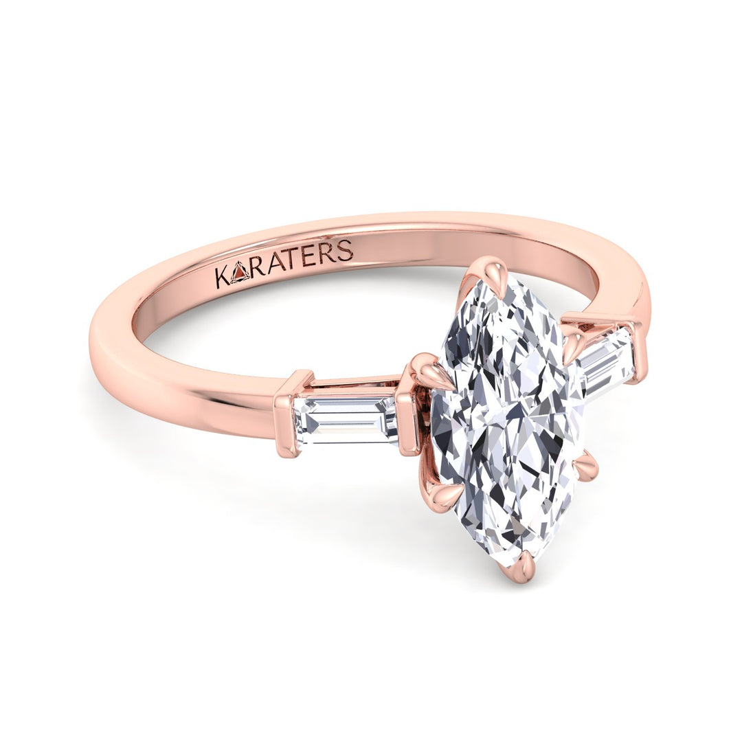 Iris - Marquise Cut Lab Grown Diamond Engagement Ring With Baguette SideStones