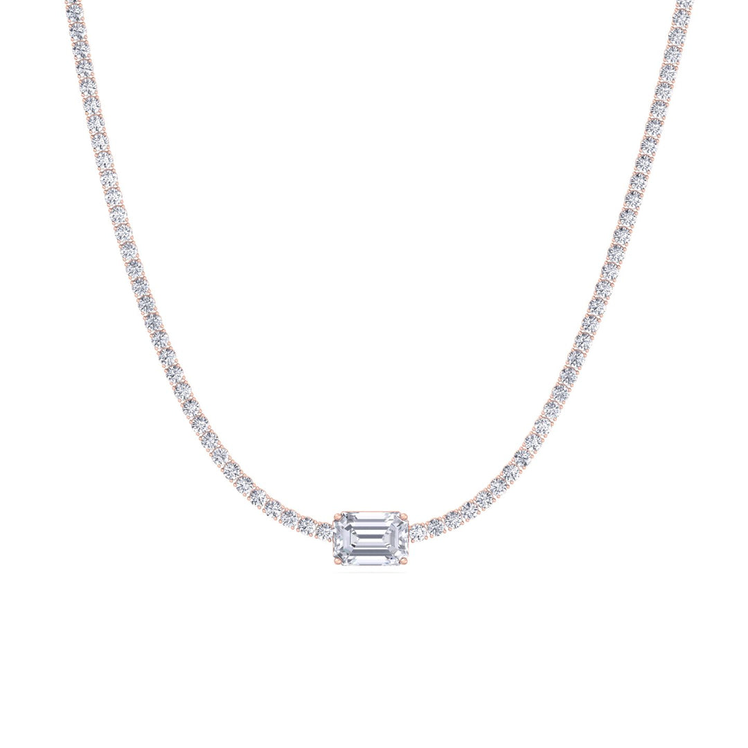 (10.75CT T.W) Classic Lab-Grown Diamond Tennis Necklace With Emerald Cut Center Stone 18K Solid Gold