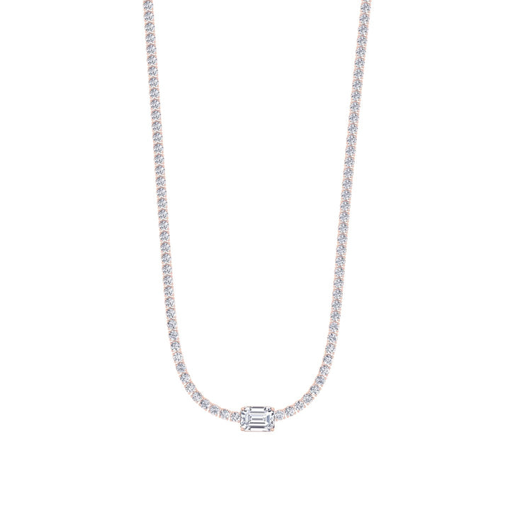 (10.75CT T.W) Classic Lab-Grown Diamond Tennis Necklace With Emerald Cut Center Stone 18K Solid Gold